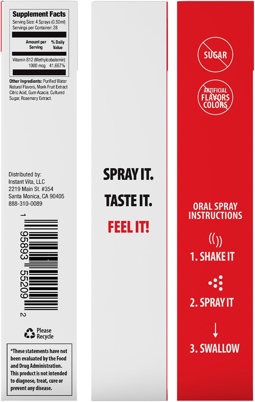 Mint Flavored Instantvita Energy Supplement with Vitamin B12 for Fast Absorption - 1oz Spray Bottle, 1 Month Supply