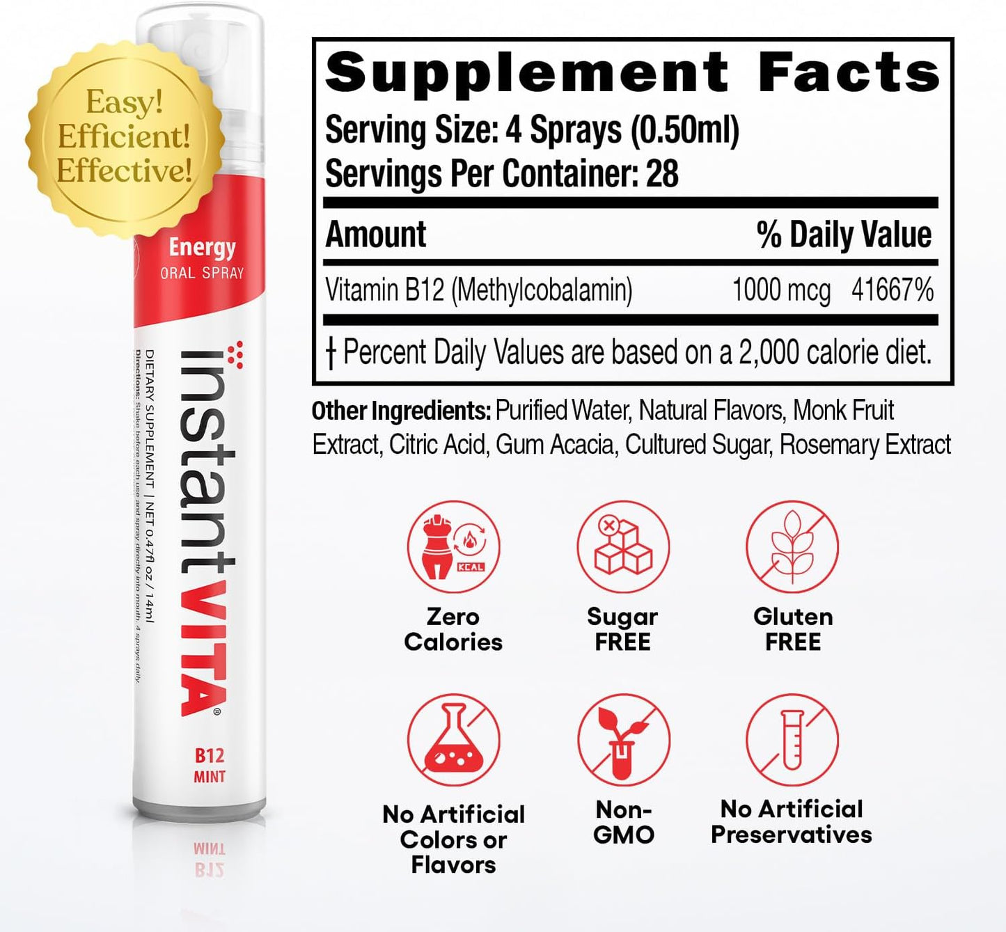 Mint Flavored Instantvita Energy Supplement with Vitamin B12 for Fast Absorption - 1oz Spray Bottle, 1 Month Supply
