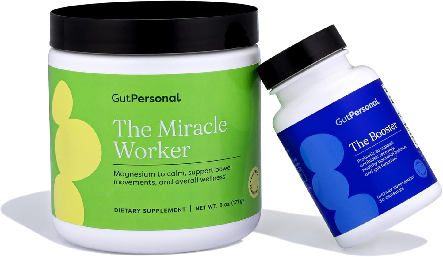 Miracle Worker Magnesium Powder & Probiotic Bundle: GutPersonal Gut Fix™, 30 Servings Strawberry Flavor + Booster Capsules, 60 Servings