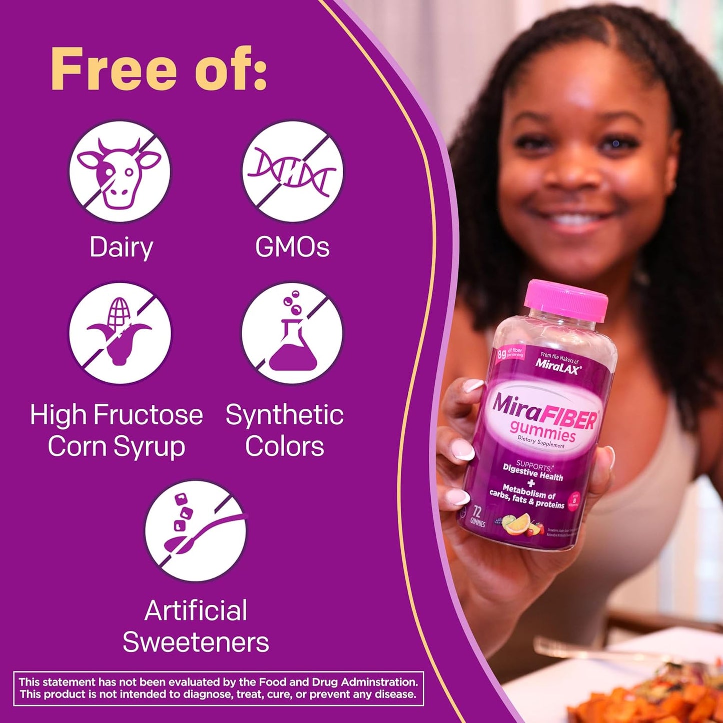 MiraFIBER Gummies: Daily Prebiotic Fiber with B Vitamins for Digestive Health - 72 Fruit Flavored Gummies