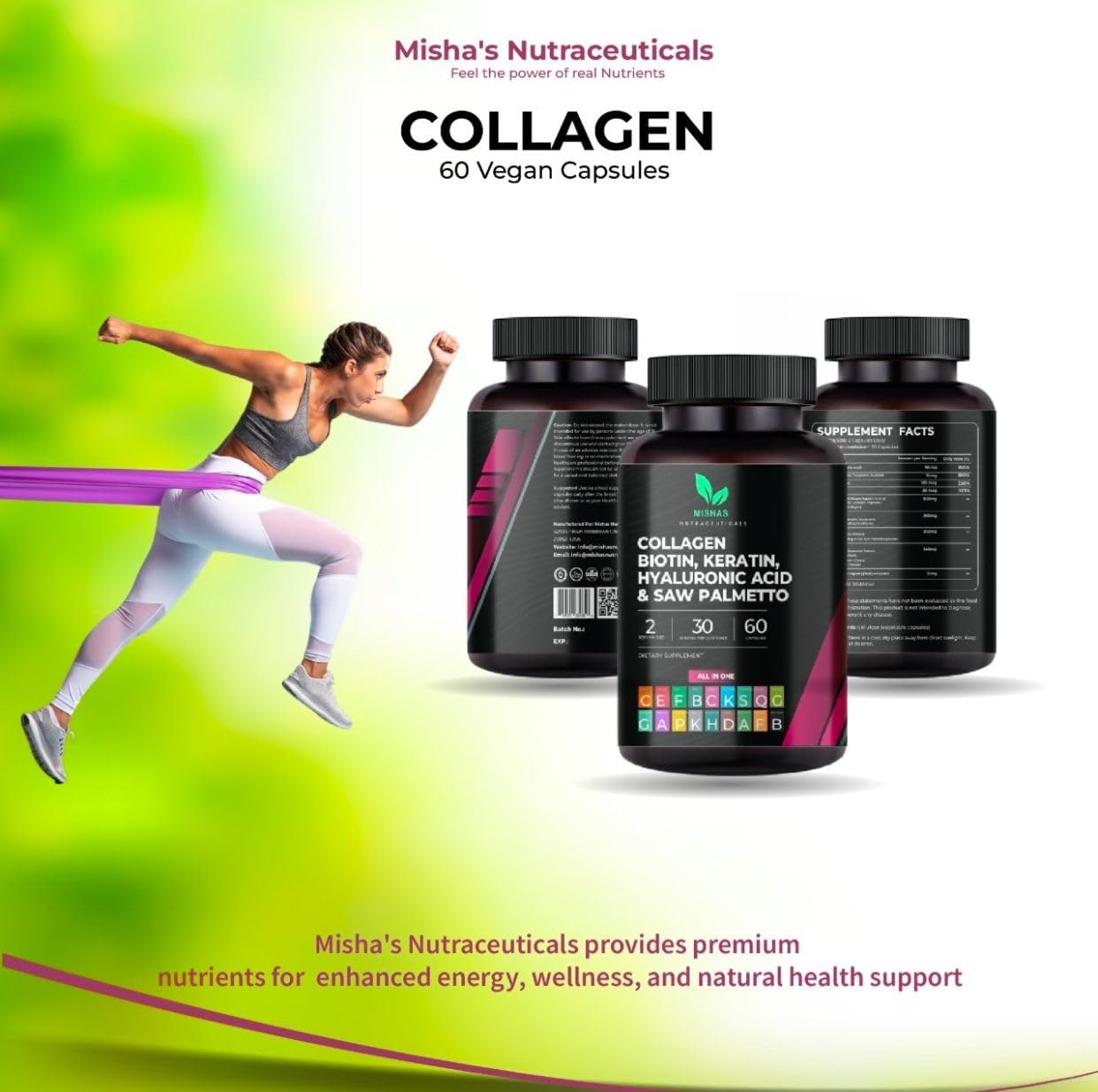 Mishas Nutraceuticals Collagen, Biotin, Keratin & Hyaluronic Acid Capsules for Skin, Hair, Nails - DHT Blocking - 60 Vegan Capsules