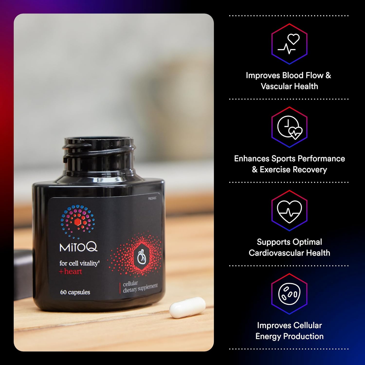 MitoQ +Heart Premium CoQ10 Antioxidant Supplement for Cardiovascular Health - With Mitoquinol Mesylate, Magnesium, L-Carnitine, and Vitamin D3 - Promotes Circulatory Health and Cell Vitality - 60 Capsules