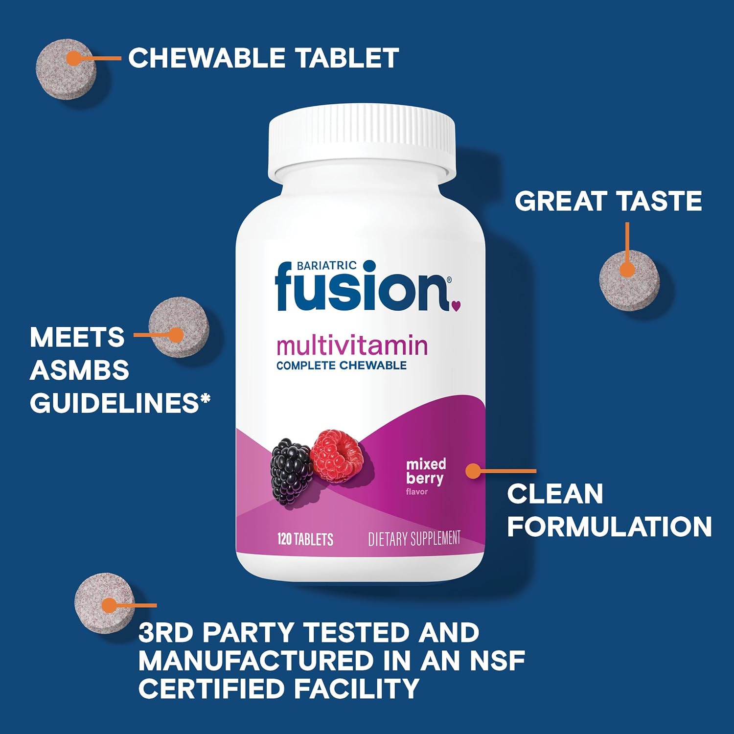 Mixed Berry Bariatric Fusion Chewable Multivitamin with Iron - One Month Supply for Gastric Bypass and Sleeve Gastrectomy