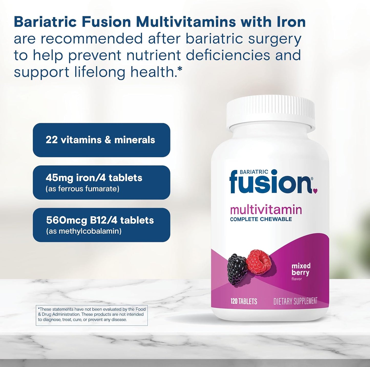 Mixed Berry Bariatric Fusion Chewable Multivitamin with Iron - One Month Supply for Gastric Bypass and Sleeve Gastrectomy