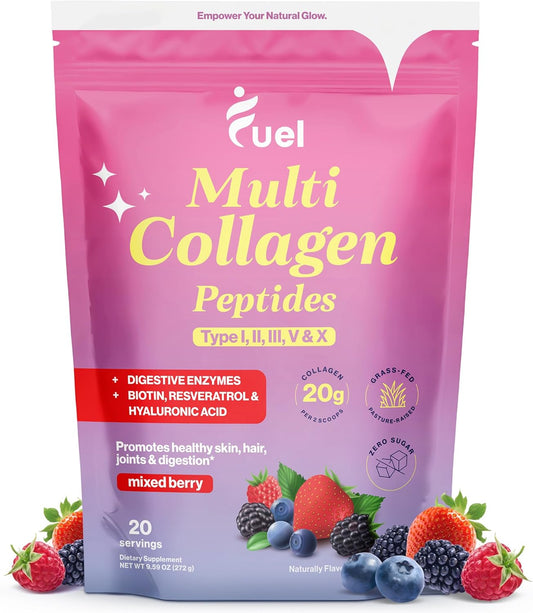 Mixed Berry Collagen Powder for Women with Multi Collagen Peptides i, ii, iii, v, x & Biotin - Hydrolyzed Collagen with Hyaluronic Acid for Skin, Hair, and Nails
