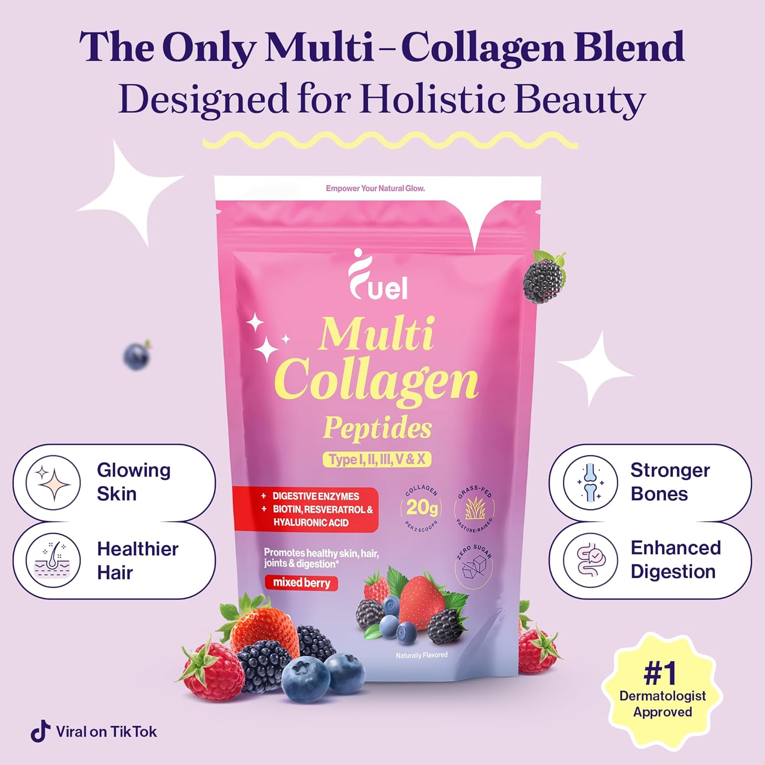 Mixed Berry Collagen Powder for Women with Multi Collagen Peptides i, ii, iii, v, x & Biotin - Hydrolyzed Collagen with Hyaluronic Acid for Skin, Hair, and Nails