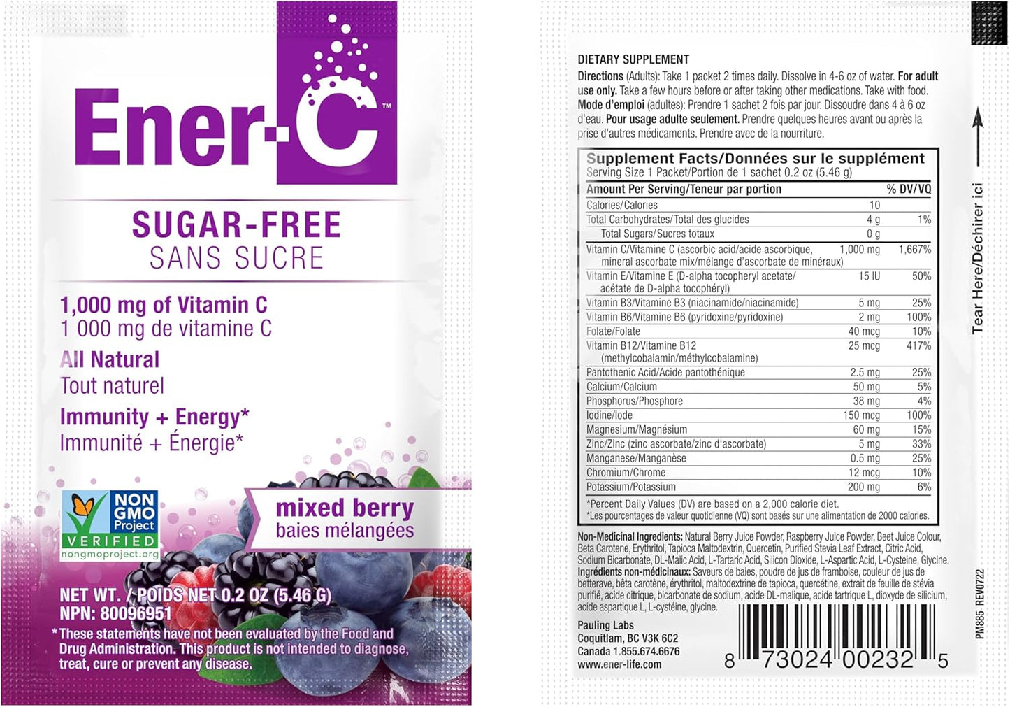 Mixed Berry Ener-C Sugar-Free Multivitamin Drink Mix - 1000mg Vitamin C & Electrolytes for Immunity Support - Vegan & Gluten-Free - 30 Packets