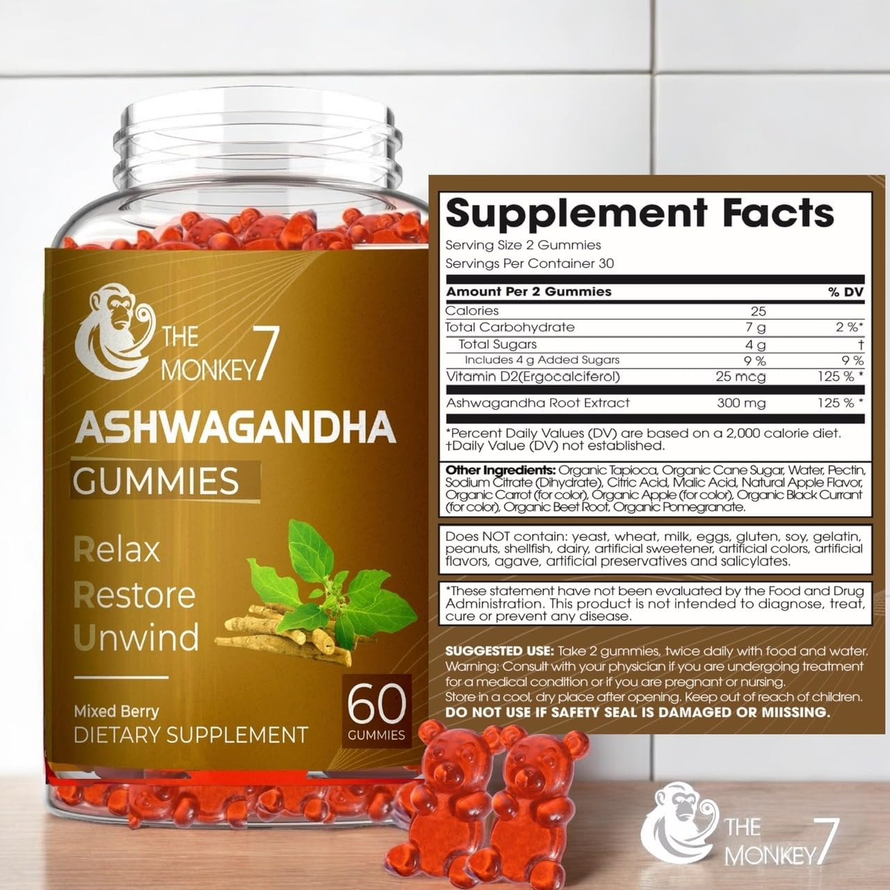 Mixed Berry Flavor Ashwagandha Gummies with Vitamin D - 2 Pack (120 Gummies) Vegan, Non-GMO, Gluten-Free for Immune Support