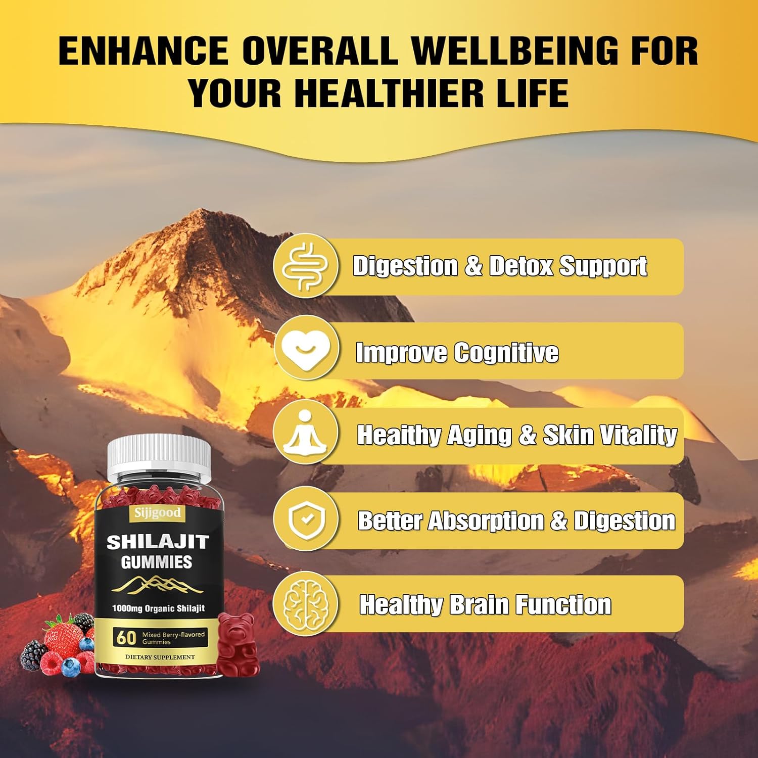 Mixed Berry Flavored Sijigood Shilajit Gummies - Supplement with 85+ Trace Minerals for Men & Women - 60 Gummies