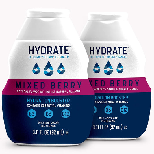 Mixed Berry Hydrate Electrolyte Liquid Drops with Essential Vitamins B3, B6, B12 - Low Sugar, Low Calorie Drink Enhancer (2 Pack)