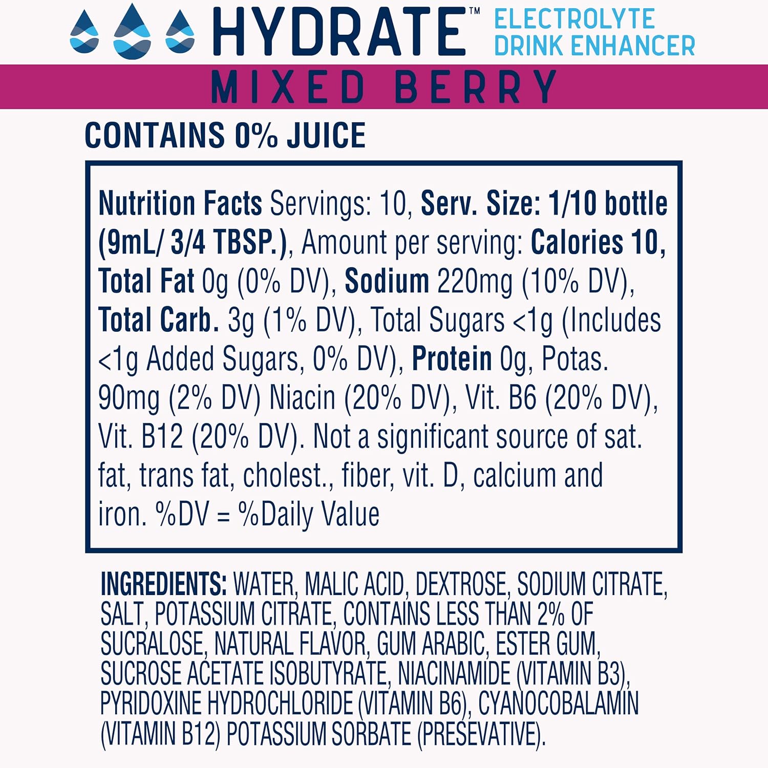 Mixed Berry Hydrate Electrolyte Liquid Drops with Essential Vitamins B3, B6, B12 - Low Sugar, Low Calorie Drink Enhancer (2 Pack)