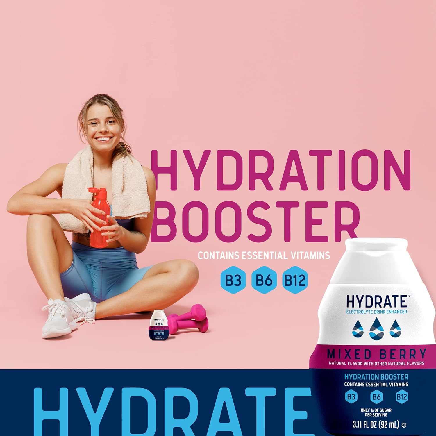 Mixed Berry Hydrate Electrolyte Liquid Drops with Essential Vitamins B3, B6, B12 - Low Sugar, Low Calorie Drink Enhancer (2 Pack)