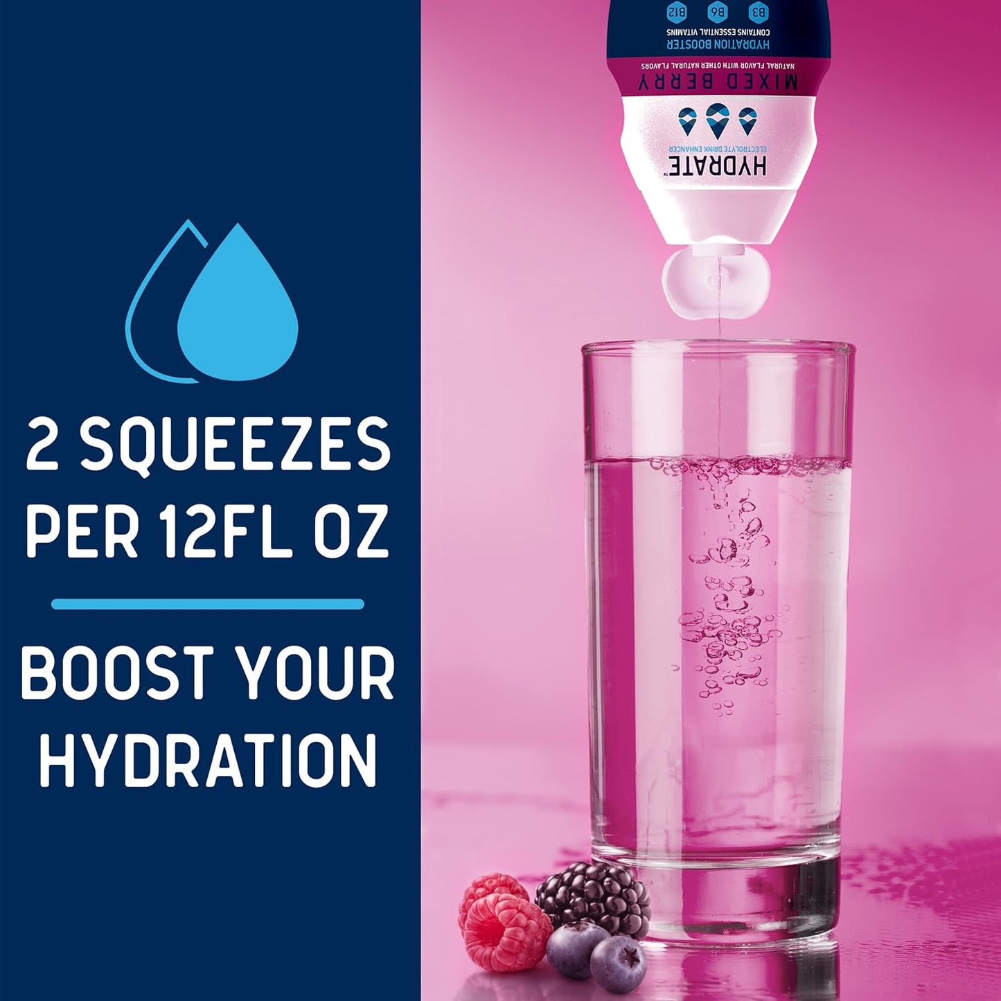Mixed Berry Hydrate Electrolyte Liquid Drops with Essential Vitamins B3, B6, B12 - Low Sugar, Low Calorie Drink Enhancer (2 Pack)