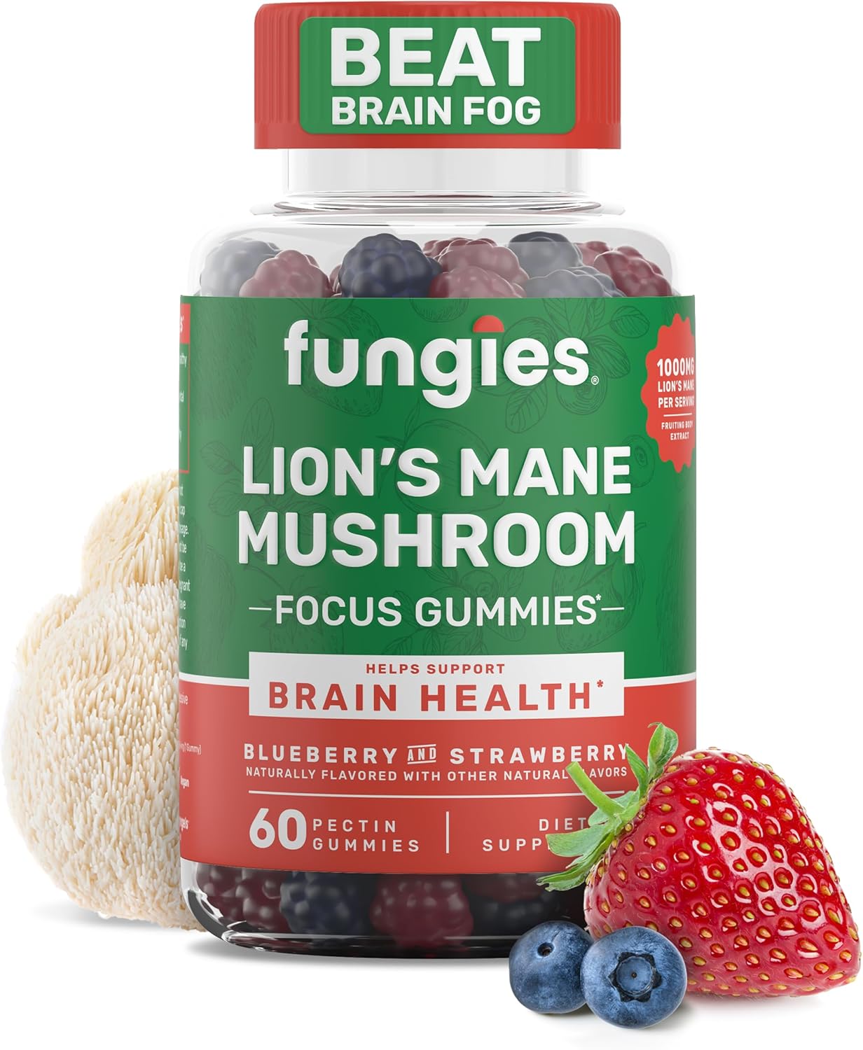 Mixed Berry Lion's Mane Mushroom Gummies - Brain Health Supplement for Adults & Kids, 60 Servings