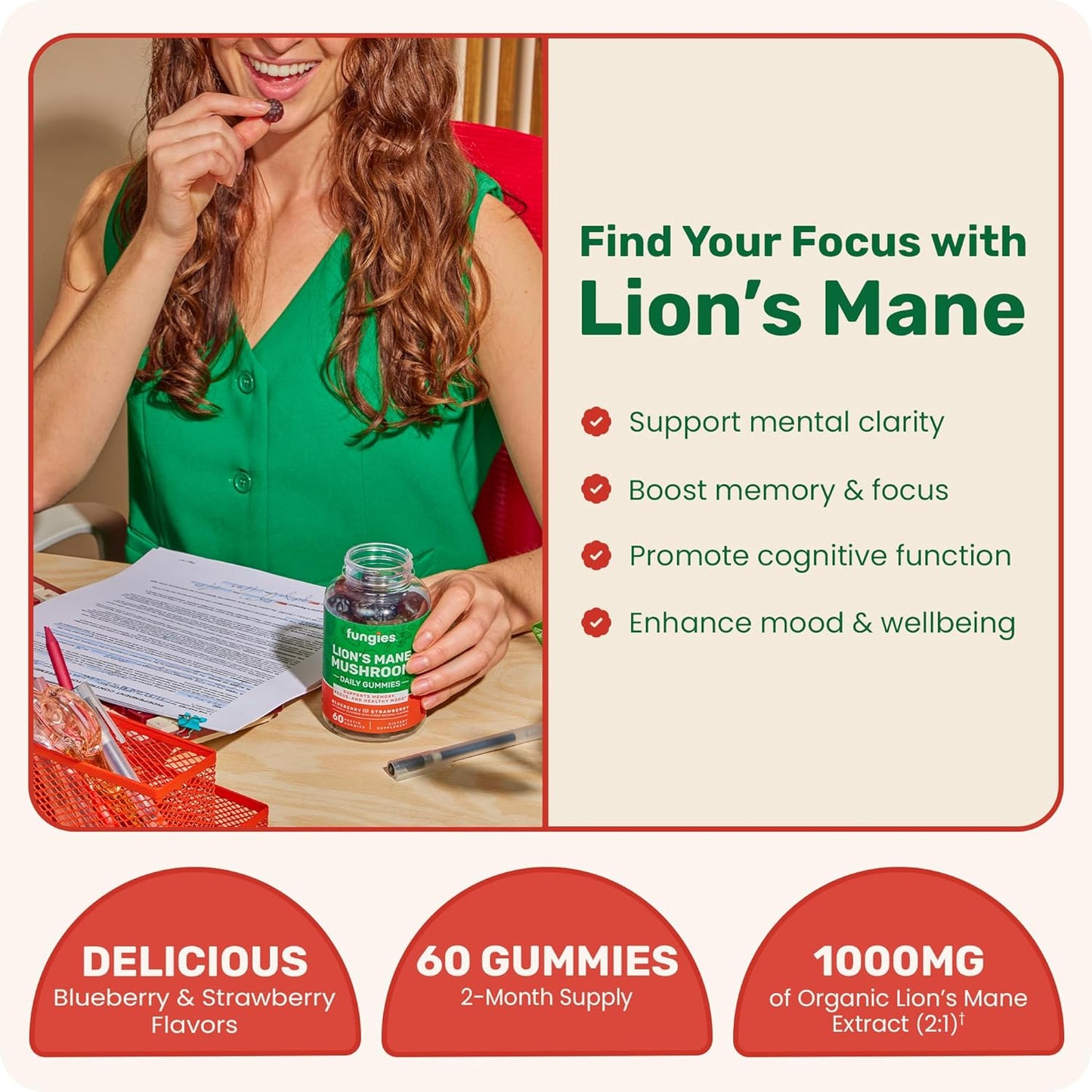 Mixed Berry Lion's Mane Mushroom Gummies - Brain Health Supplement for Adults & Kids, 60 Servings