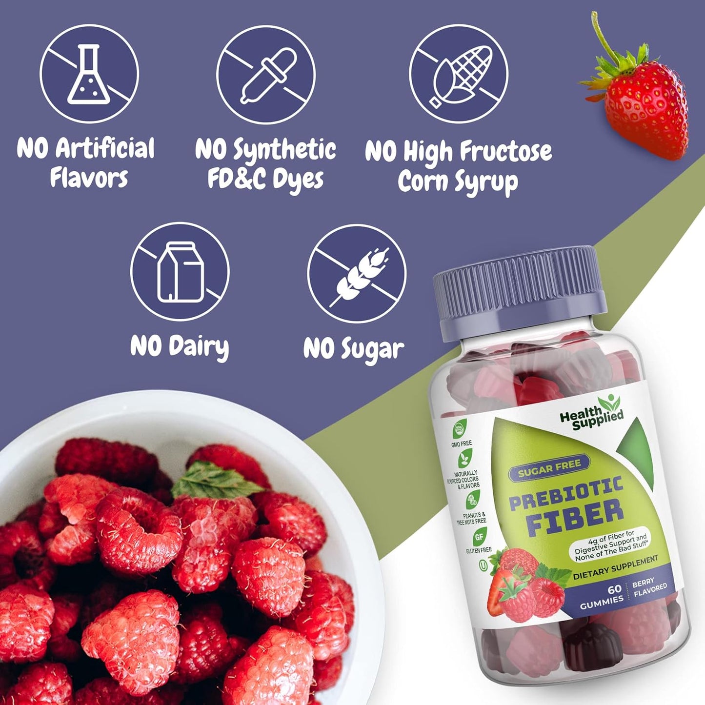 Mixed Berry Prebiotic Fiber Gummies for Digestive Support, Weight Loss, and Gut Cleansing - Easy to Swallow and Delicious