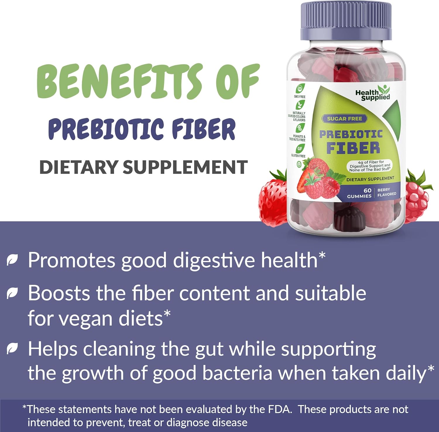 Mixed Berry Prebiotic Fiber Gummies for Digestive Support, Weight Loss, and Gut Cleansing - Easy to Swallow and Delicious