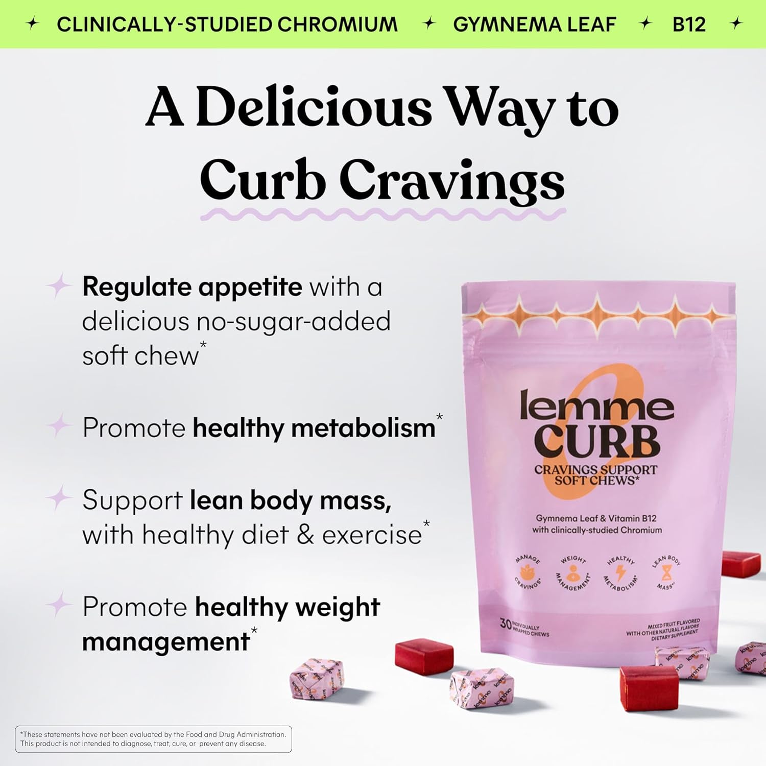 Mixed Berry Soft Chews - Curb Cravings, Support Healthy Diet & Metabolism, Clinically Studied Chromium, Gymnema & B12, 30 Count