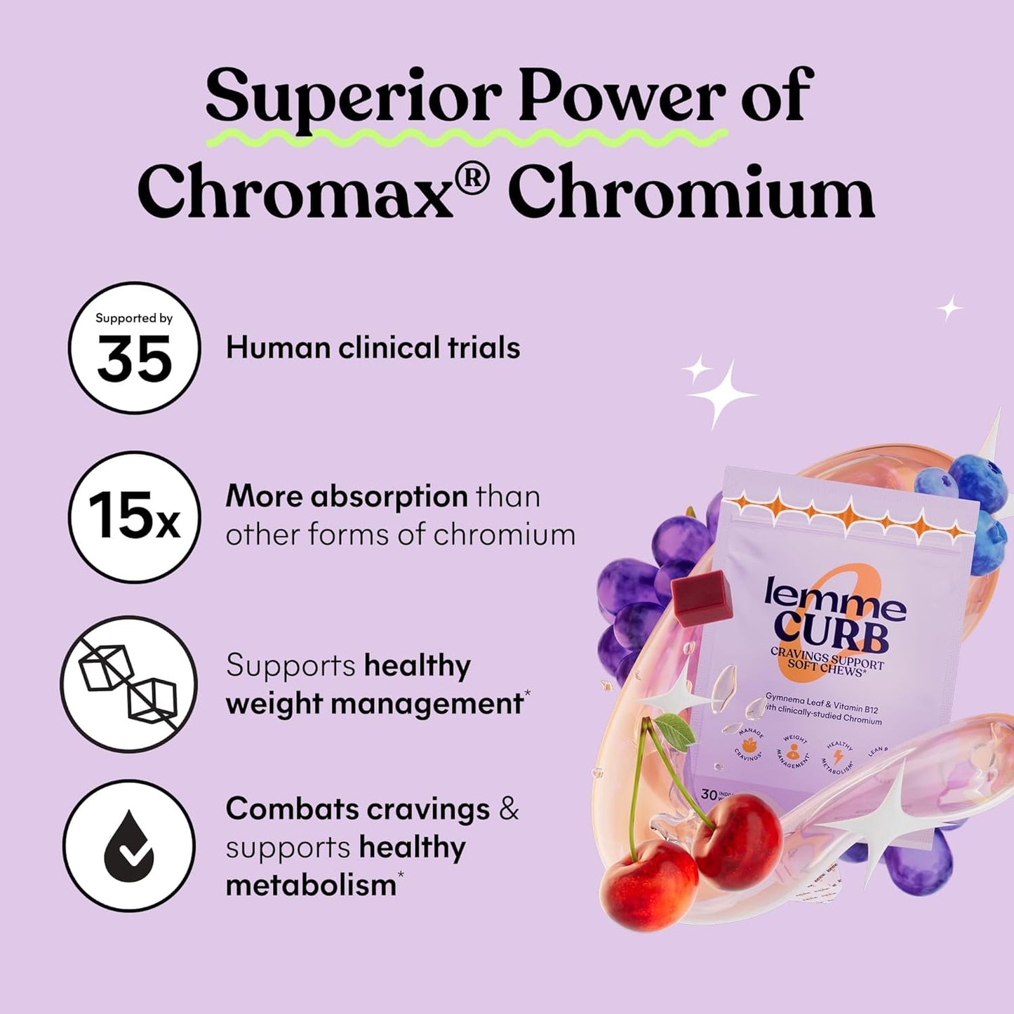 Mixed Berry Soft Chews - Curb Cravings, Support Healthy Diet & Metabolism, Clinically Studied Chromium, Gymnema & B12, 30 Count
