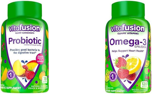 Mixed Flavor Vitafusion Probiotic Gummy Supplements & Heart Health Omega-3 Gummy Vitamins