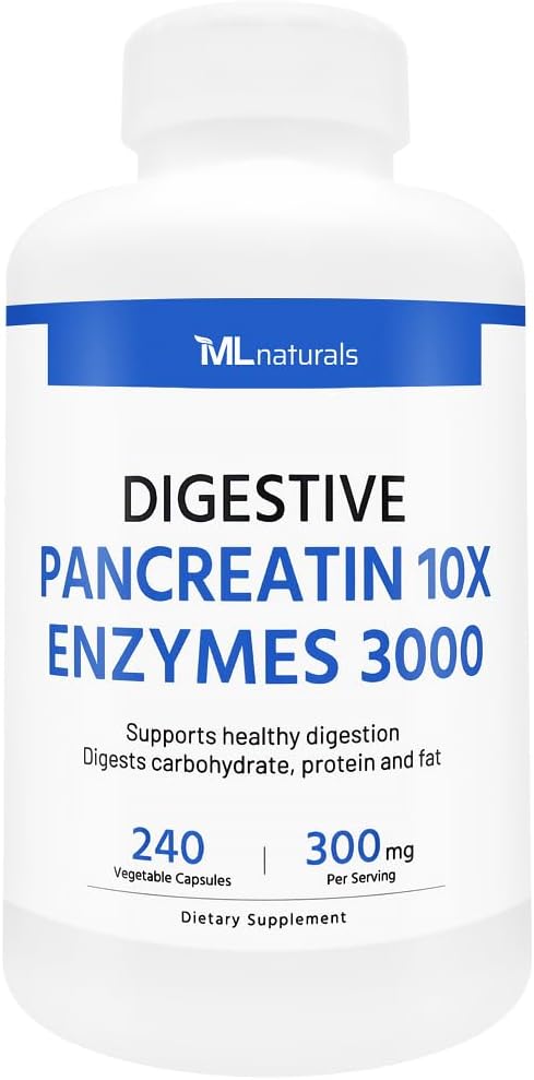 ML Naturals High Potency Digestive Pancreatin Enzymes - 3000mg, 136,000 USP Units - 240 Vegetable Capsules