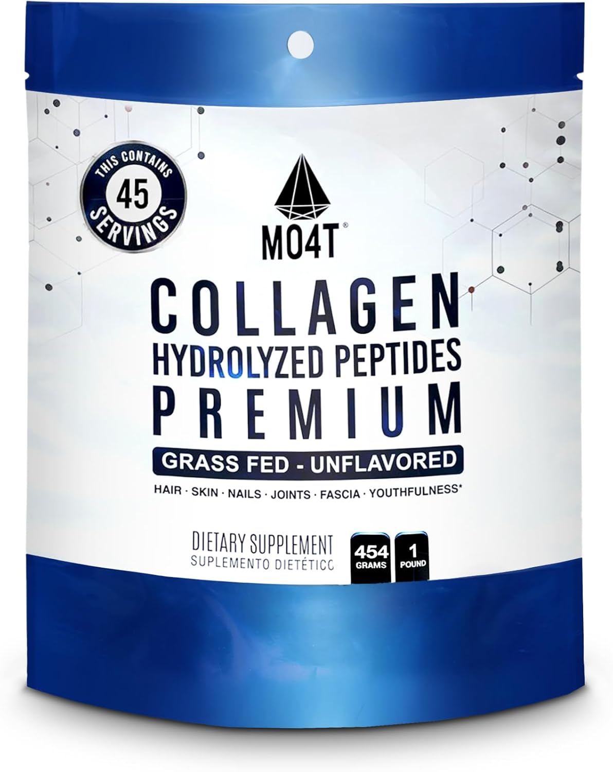 MO4T Collagen Peptides Powder - Grass-Fed Hydrolyzed Collagen (1 lb) - Unflavored Supplement for Skin, Hair, Nails, and Joints