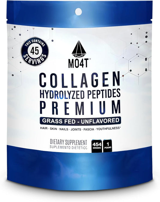 MO4T Collagen Peptides Powder - Grass-Fed Hydrolyzed Collagen (1 lb) - Unflavored Supplement for Skin, Hair, Nails, and Joints