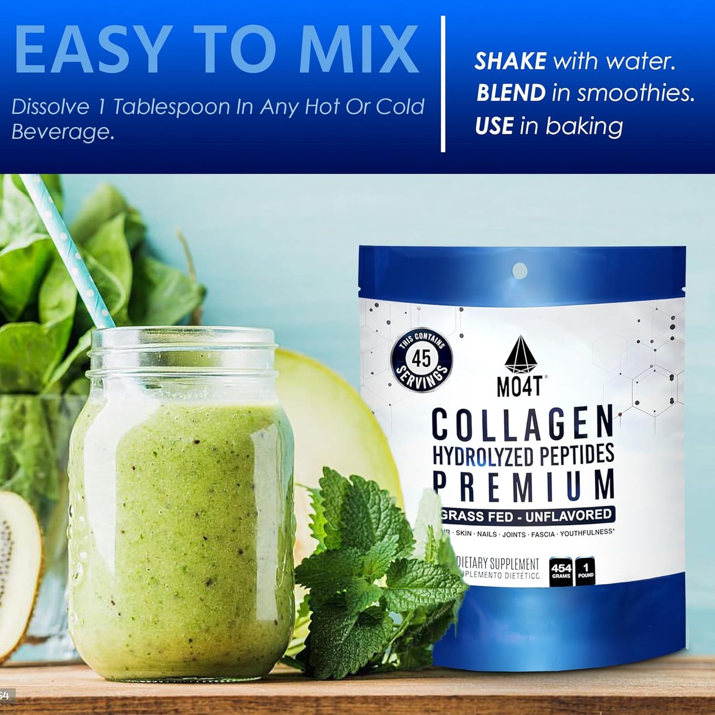 MO4T Collagen Peptides Powder - Grass-Fed Hydrolyzed Collagen (1 lb) - Unflavored Supplement for Skin, Hair, Nails, and Joints