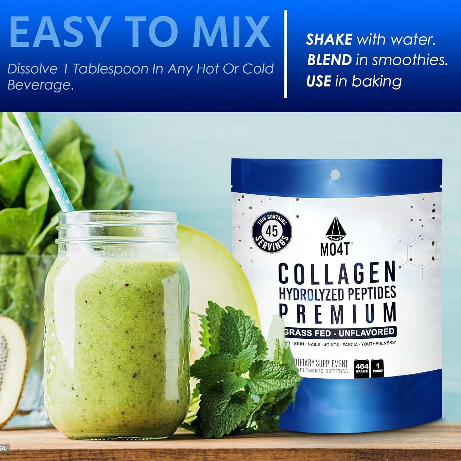 MO4T Collagen Peptides Powder - Grass-Fed Hydrolyzed Collagen (1 lb) - Unflavored Supplement for Skin, Hair, Nails, and Joints
