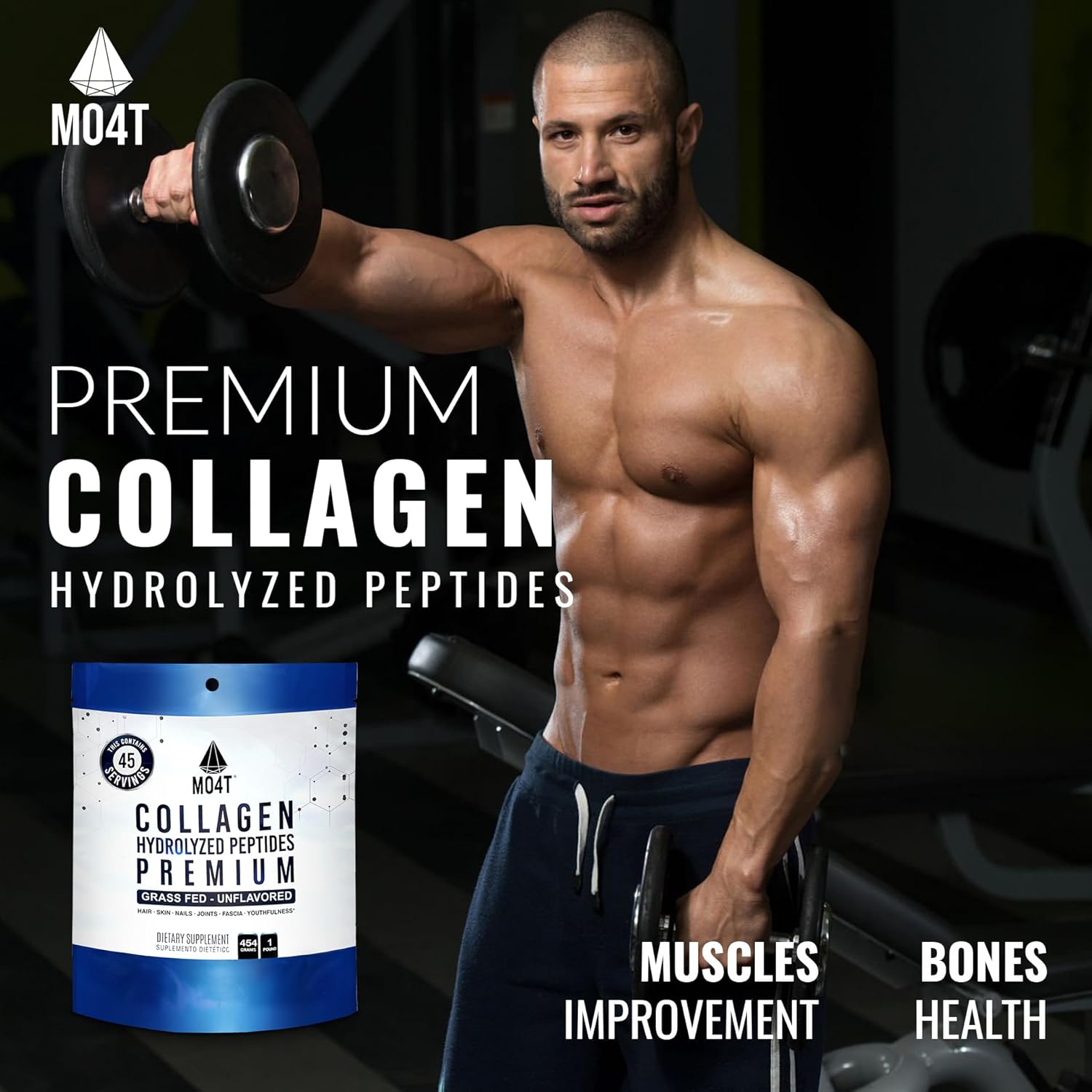 MO4T Collagen Peptides Powder - Grass-Fed Hydrolyzed Collagen (1 lb) - Unflavored Supplement for Skin, Hair, Nails, and Joints