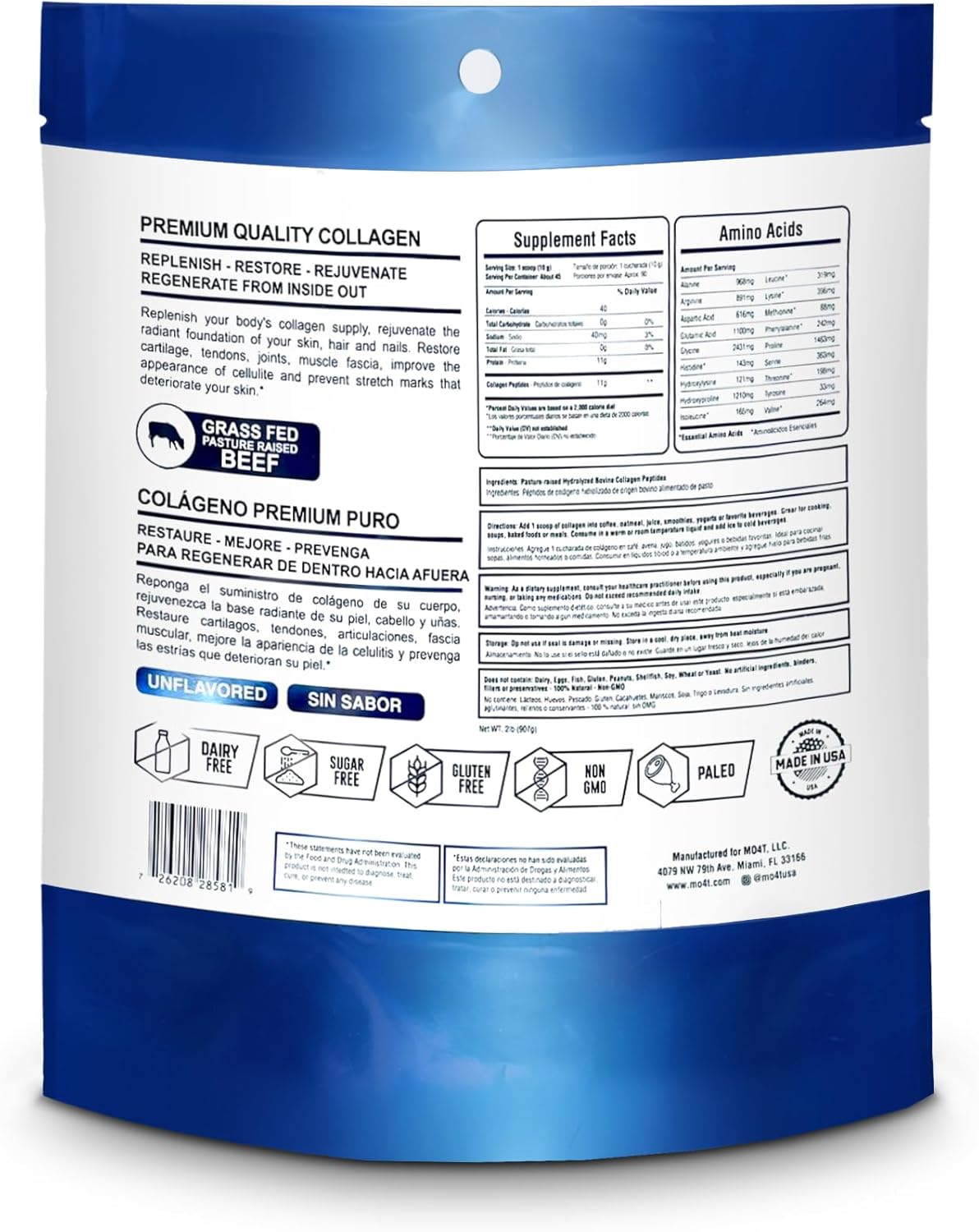 MO4T Collagen Peptides Powder - Grass-Fed Hydrolyzed Collagen (1 lb) - Unflavored Supplement for Skin, Hair, Nails, and Joints