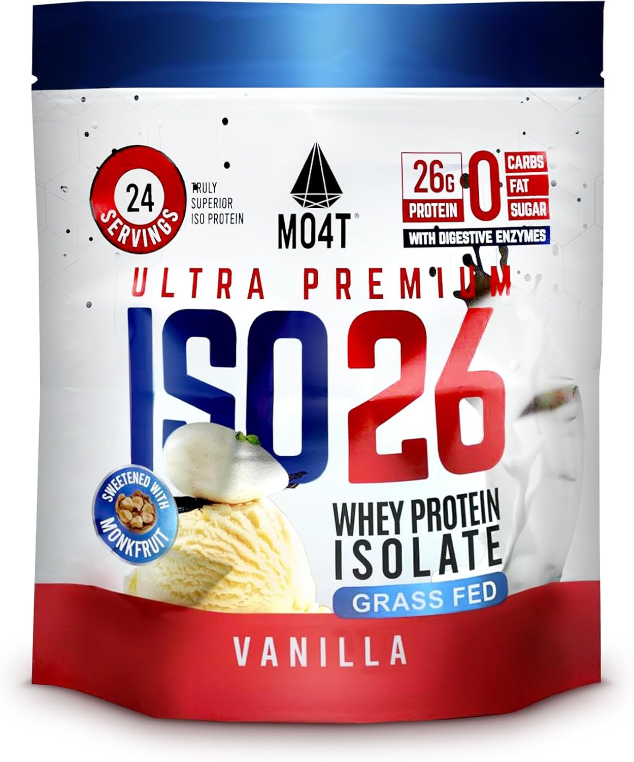 MO4T Grass Fed Whey Protein Isolate Powder - Monk Fruit Sweetened, 1.6lb, 24 Servings, Vanilla Flavor, Clean Ingredients