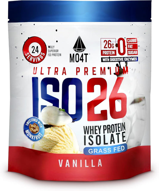 MO4T Grass Fed Whey Protein Isolate Powder - Monk Fruit Sweetened, 1.6lb, 24 Servings, Vanilla Flavor, Clean Ingredients