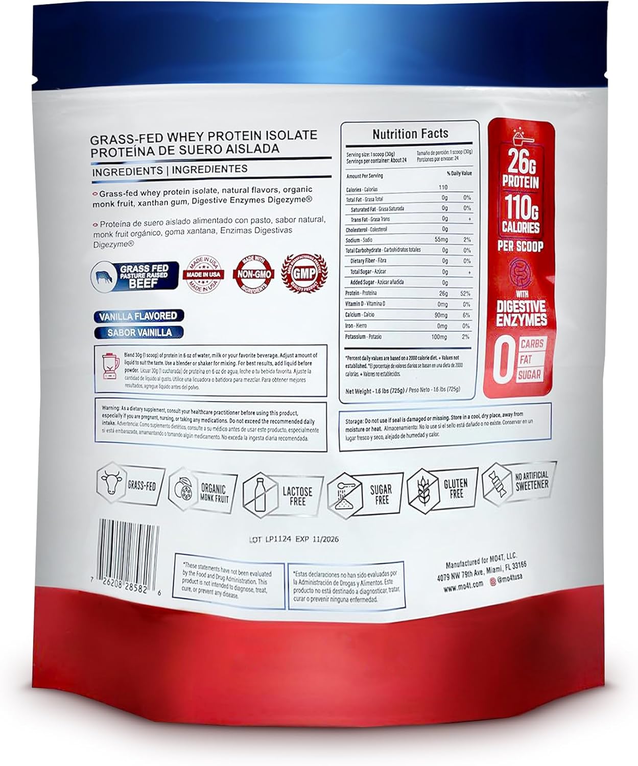 MO4T Grass Fed Whey Protein Isolate Powder - Monk Fruit Sweetened, 1.6lb, 24 Servings, Vanilla Flavor, Clean Ingredients