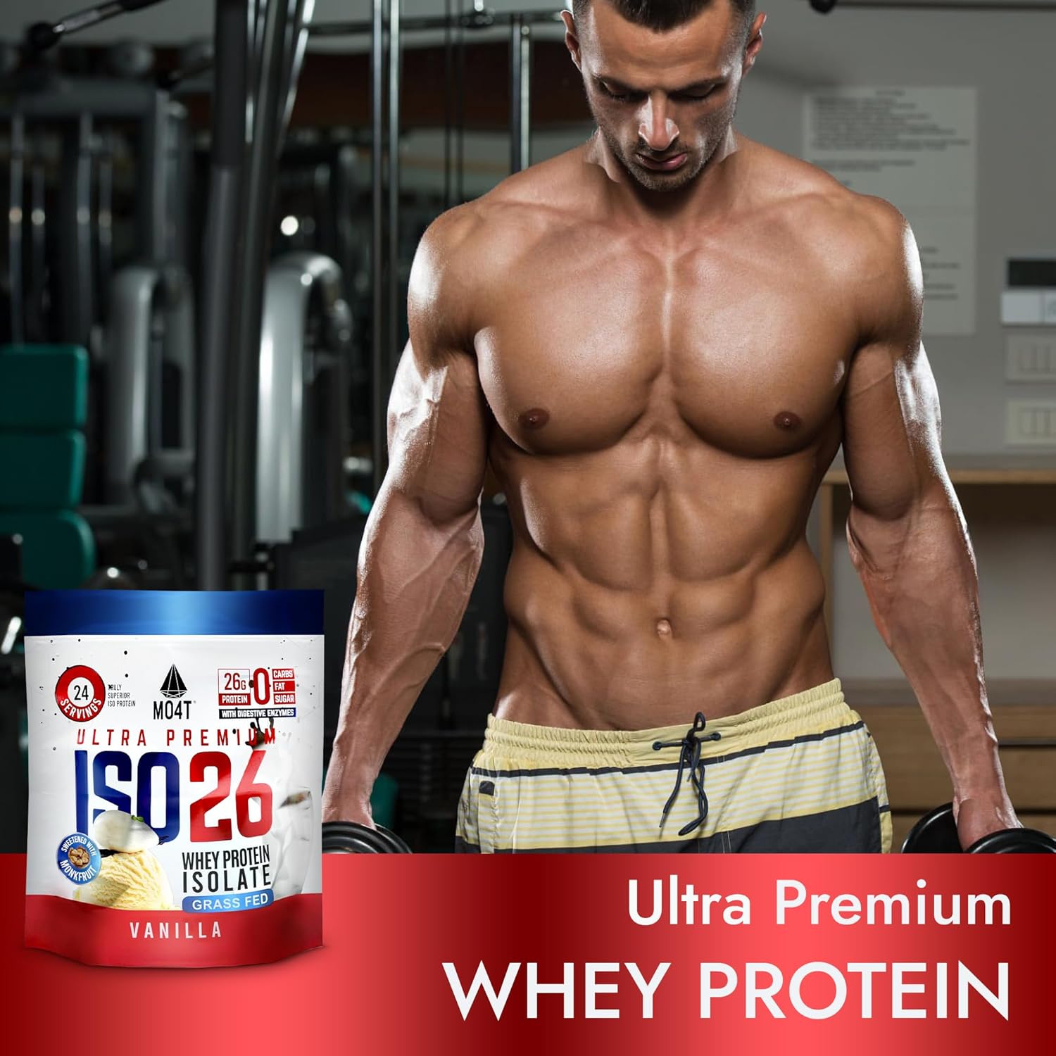 MO4T Grass Fed Whey Protein Isolate Powder - Monk Fruit Sweetened, 1.6lb, 24 Servings, Vanilla Flavor, Clean Ingredients