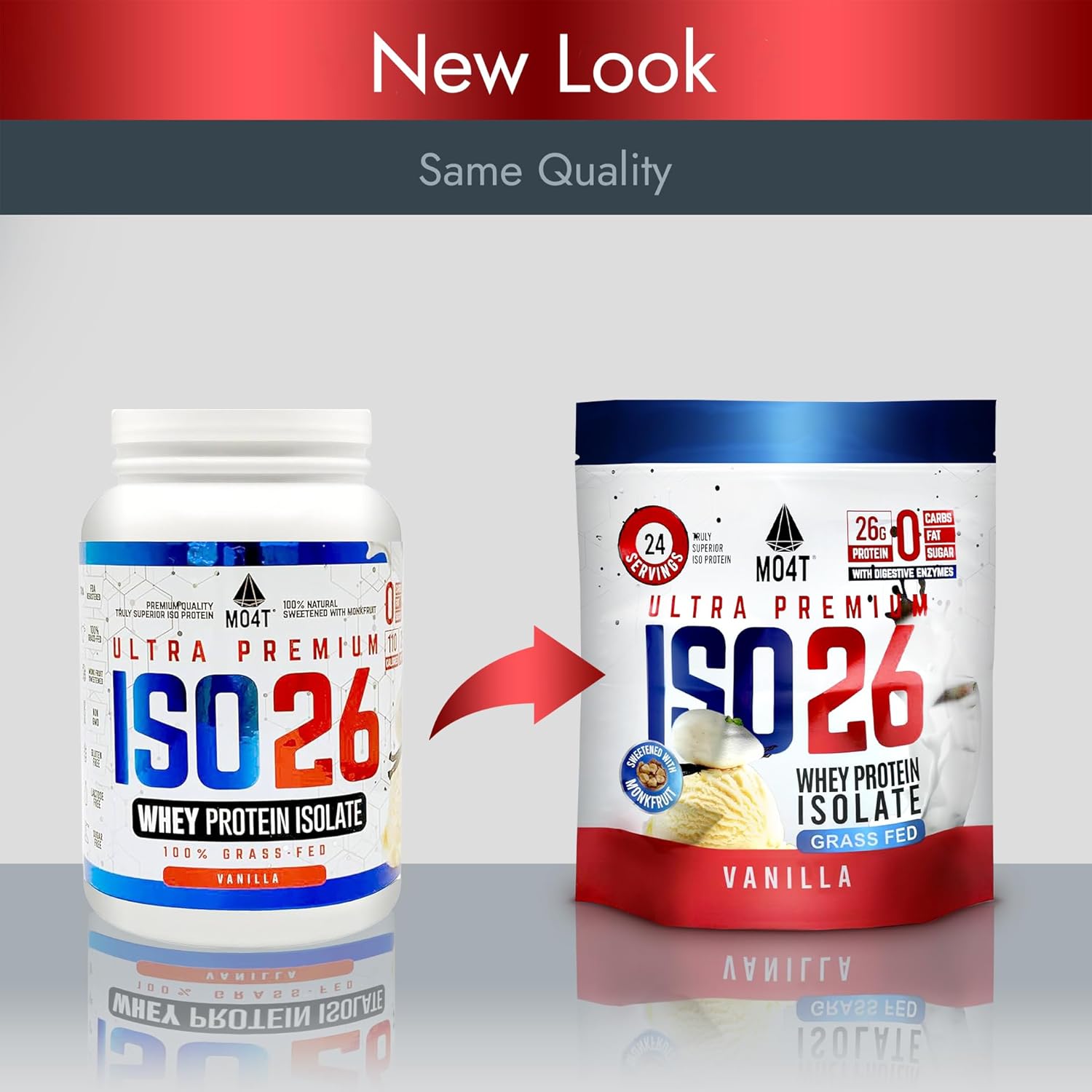 MO4T Grass Fed Whey Protein Isolate Powder - Monk Fruit Sweetened, 1.6lb, 24 Servings, Vanilla Flavor, Clean Ingredients