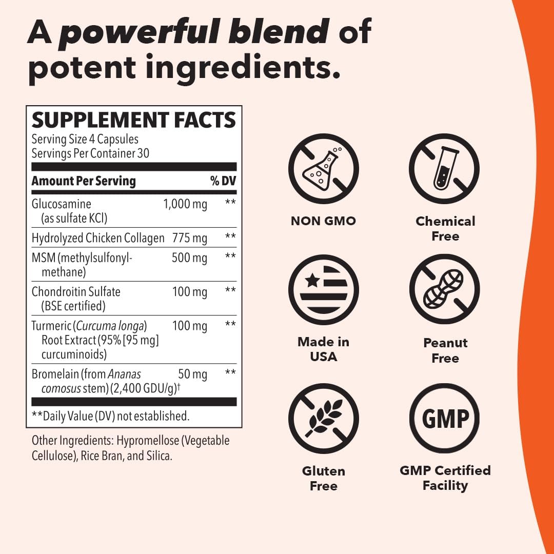 Mobili-T Joint Support Supplement with Glucosamine, Chondroitin, MSM, Collagen, Bromelain, Turmeric - Reduce Inflammation & Aches - Increase Mobility - 120 Capsules