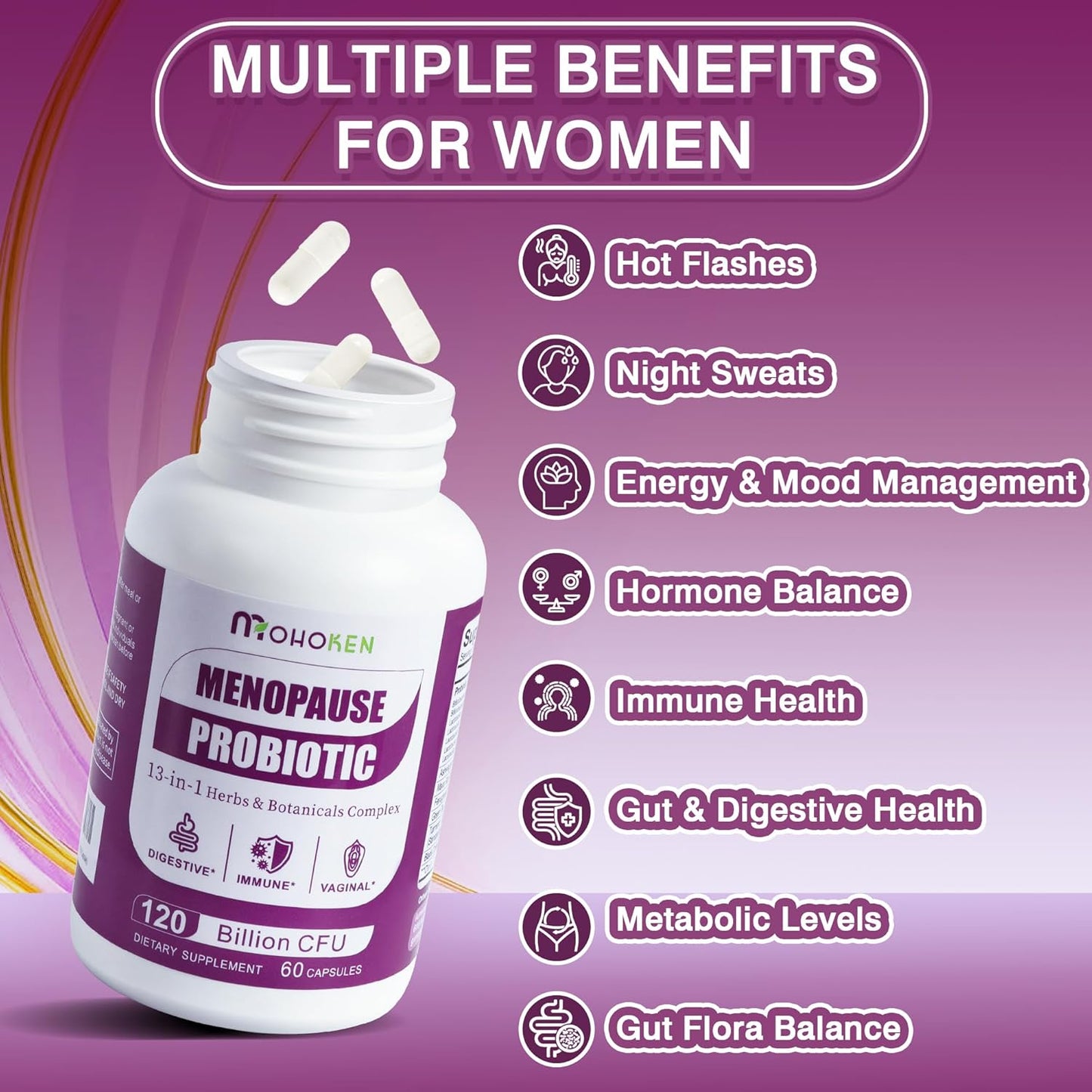 MOHOKEN Menopause Relief Supplements for Women - 120 Billion CFU Probiotic + 13 Herbs Complex - Hormone Balance, Hot Flashes, Mood Swings, Night Sweats - 60 Capsules