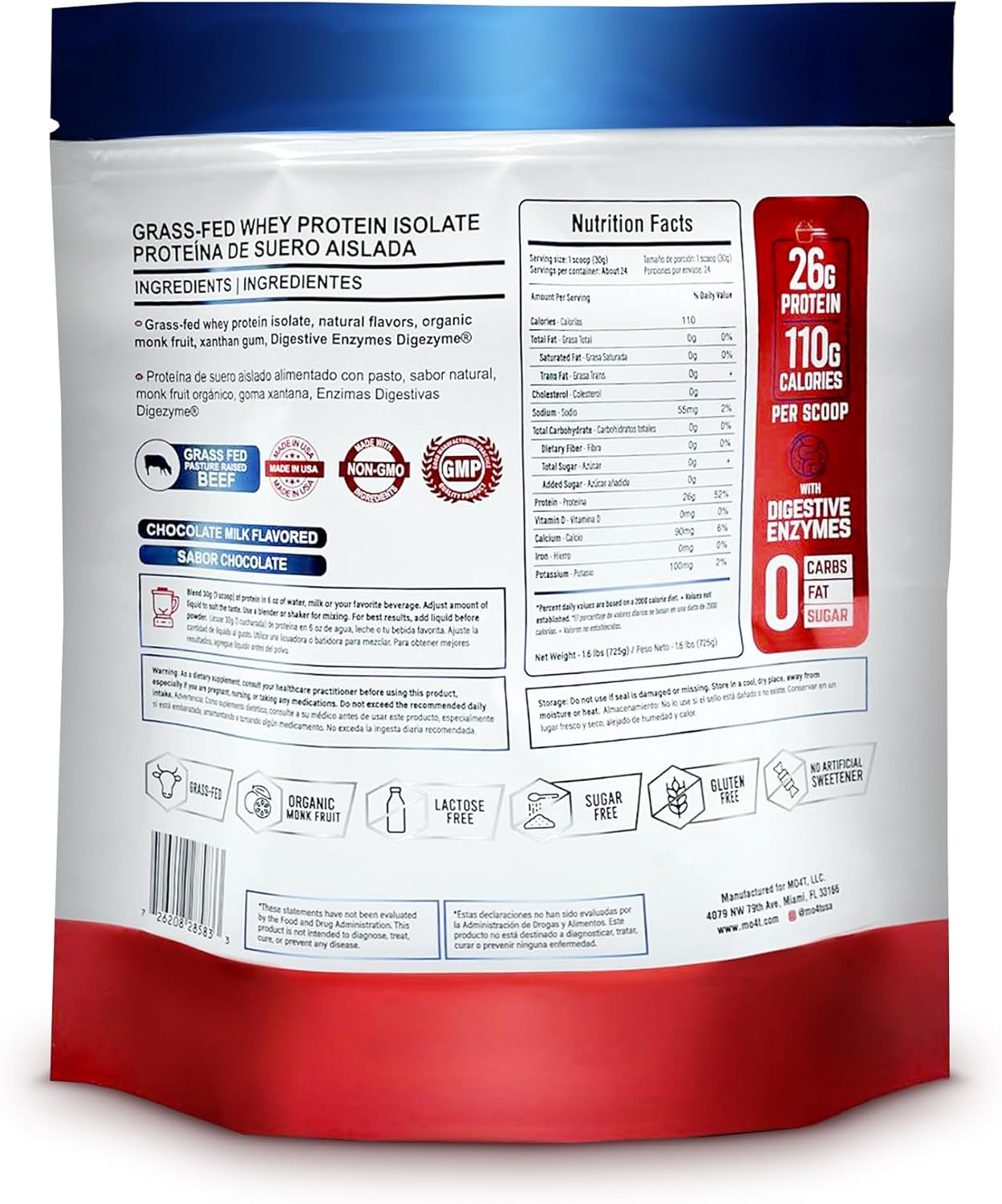 MOMOF4TRANSFORM ISO26 Grass Fed Whey Protein Isolate - Monk Fruit Sweetened, No Carbs, Fat, or Sugar - 26g Protein - 1.6lb - Milk Chocolate