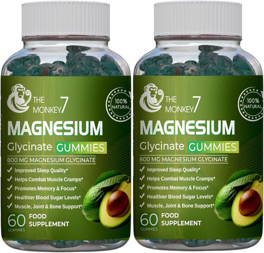 Monkey 7 Magnesium Gummies with Ashwagandha, CQ10, and L-Threonate - Vegan Non-GMO Supplement (Pack of 2)