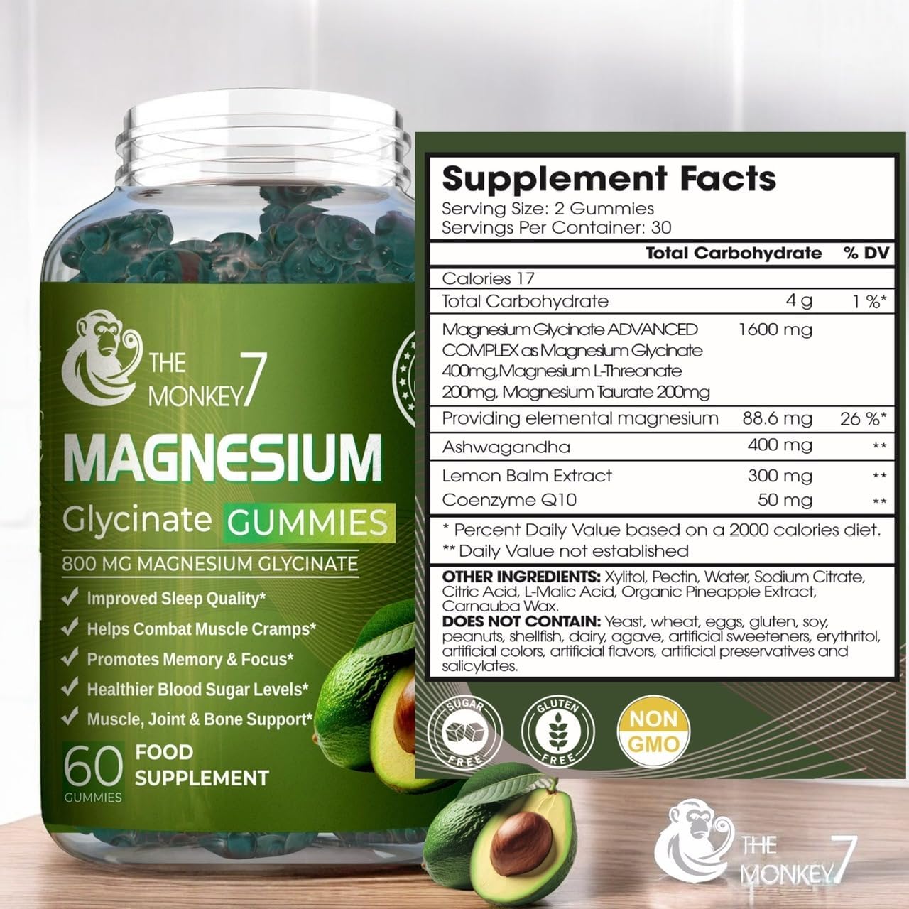 Monkey 7 Magnesium Gummies with Ashwagandha, CQ10, and L-Threonate - Vegan Non-GMO Supplement (Pack of 2)