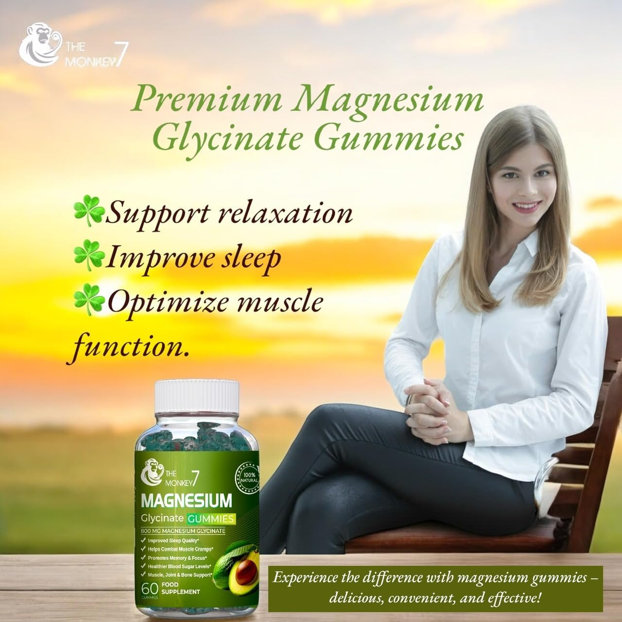 Monkey 7 Magnesium Gummies with Ashwagandha, CQ10, and L-Threonate - Vegan Non-GMO Supplement (Pack of 2)