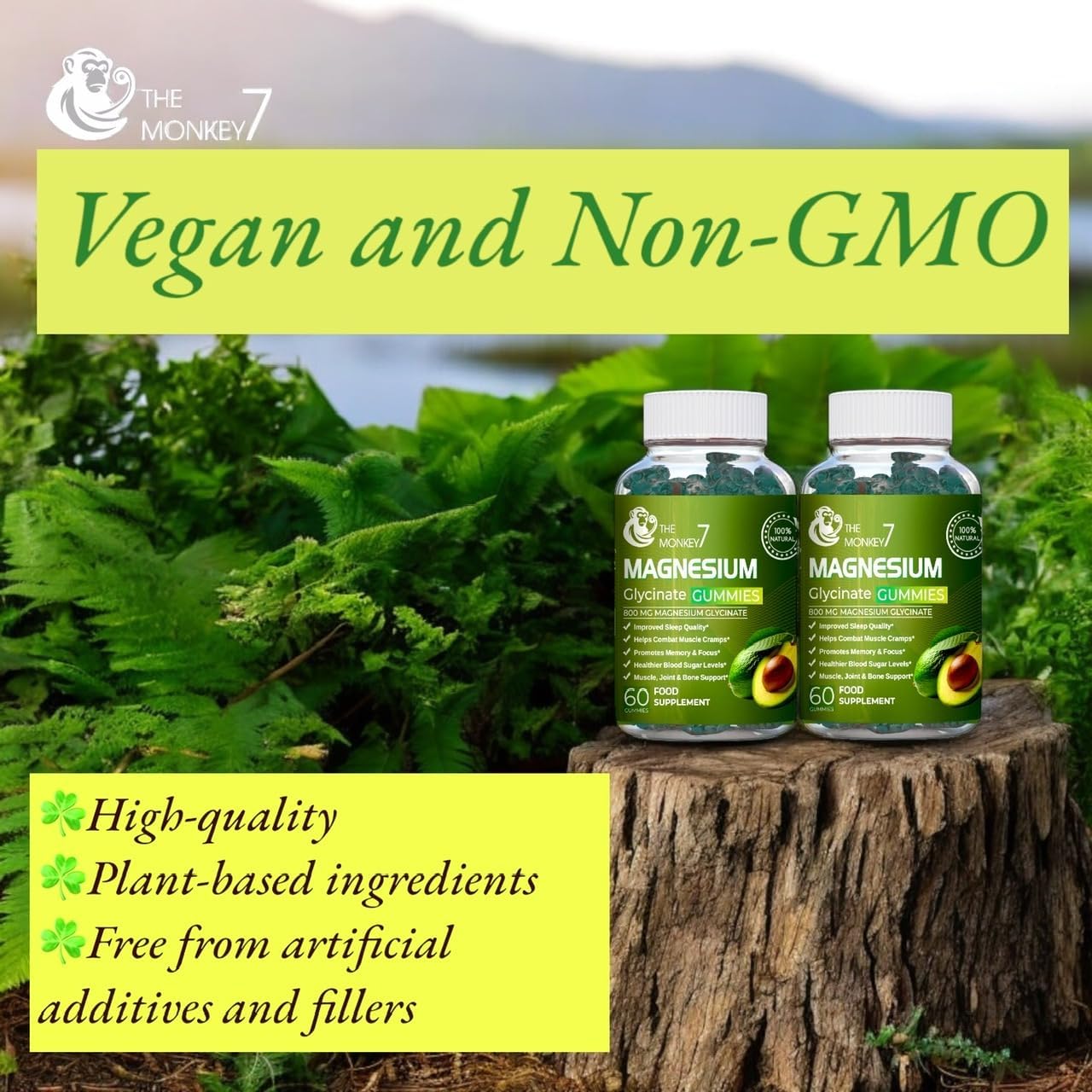Monkey 7 Magnesium Gummies with Ashwagandha, CQ10, and L-Threonate - Vegan Non-GMO Supplement (Pack of 2)