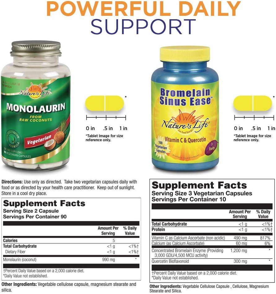 Monolaurin & Bromelain Sinus Ease Bundle for Immune & Respiratory Support - 90ct Monolaurin, 100ct Bromelain