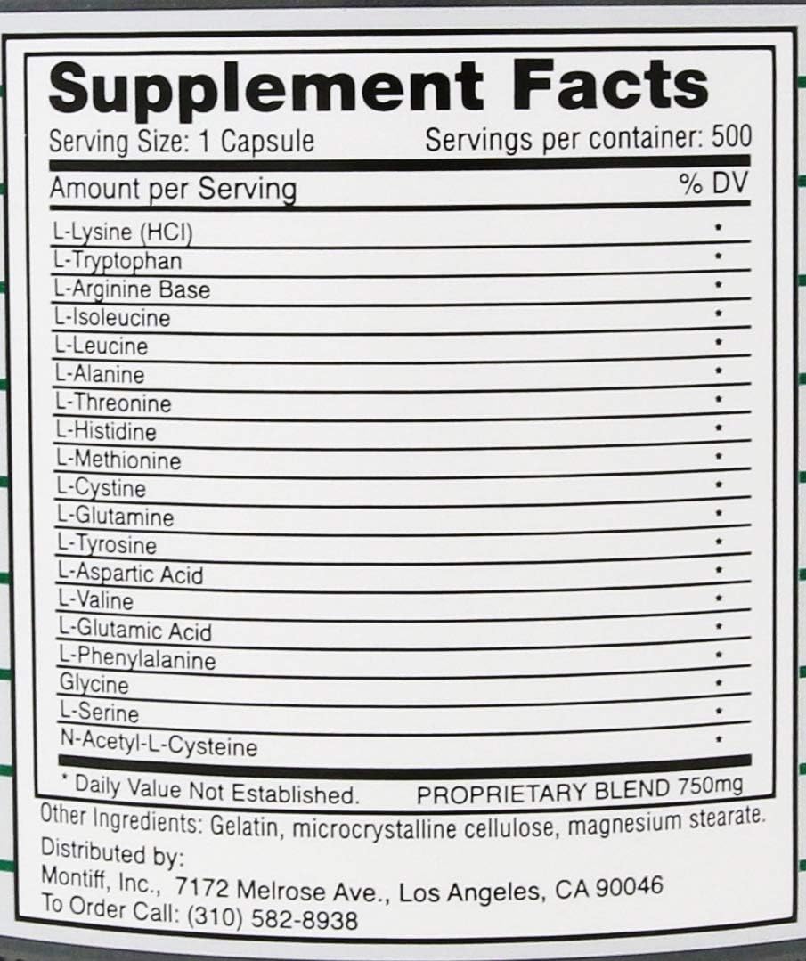 Montiff All Basic Plus 750 mg - 500 Capsules - High Quality Amino Acid Supplement