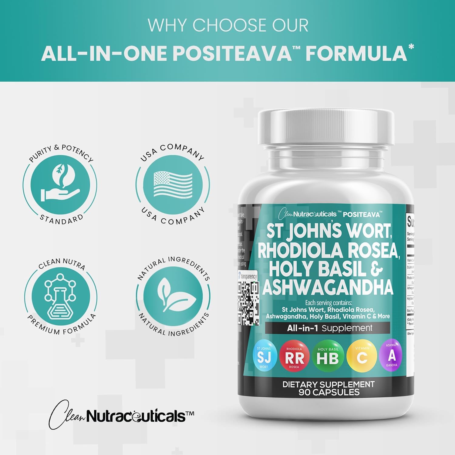 Mood Support Supplement with St Johns Wort, Rhodiola Rosea, Holy Basil, and Ashwagandha - 90 Capsules with Vitamin C & Black Pepper Extract