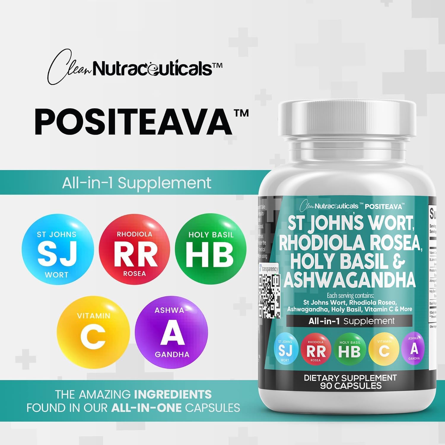 Mood Support Supplement with St Johns Wort, Rhodiola Rosea, Holy Basil, and Ashwagandha - 90 Capsules with Vitamin C & Black Pepper Extract