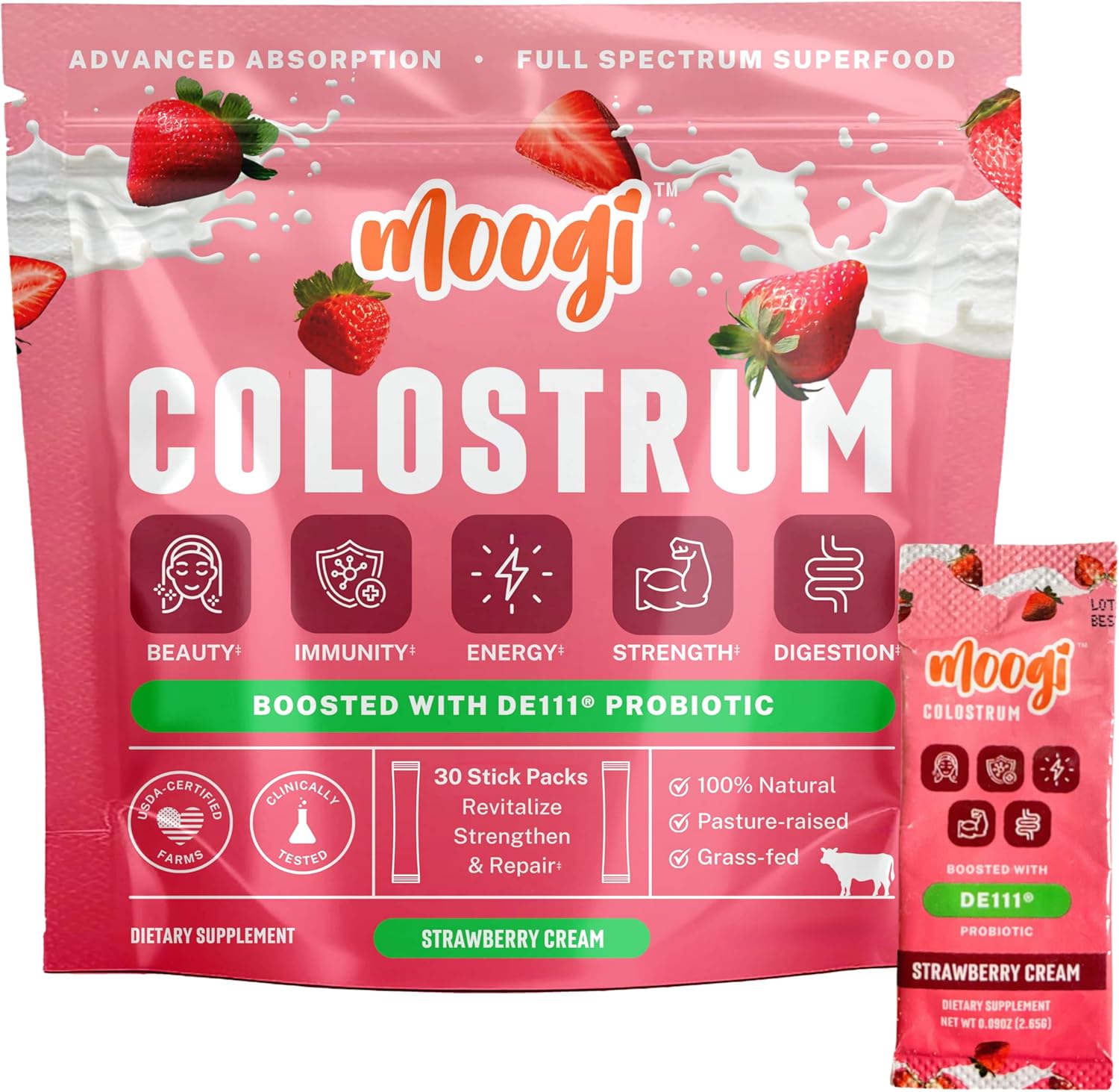 Moogi Colostrum Premium Powder for Skin, Hair, Nails, and Immune Support - 400+ Bioactive Nutrients - Gluten & Fat Free - Strawberry Cream Flavor - 30 Stick Packs