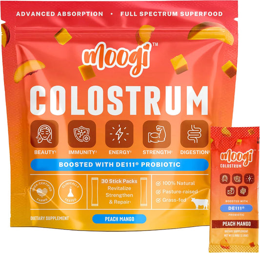 Moogi Colostrum Premium Powder: Skin, Hair, Nail, and Immune Support - 400+ Bioactive Nutrients - Gluten & Fat Free - Peach Mango Flavor - 30 Stick Packs
