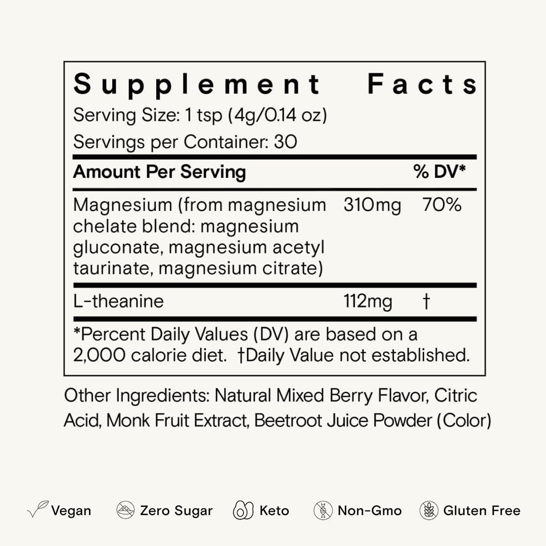 Moon Juice Magnesi-Om Berry Powder for Brain Health and Rest - 30 Servings, 4.2oz Glass Jar - Magnesium and L-Theanine Supplement, Vegan and Non-GMO, Third Party Tested